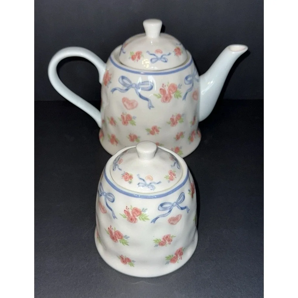 Blue Bows‎ And Pink Roses Teapot And Sugar Pot